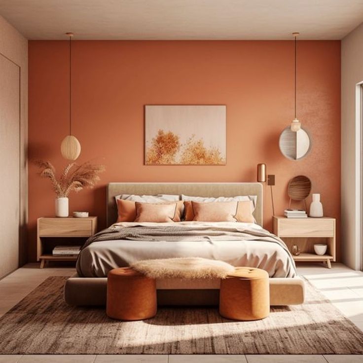 Dormitorio em cor apricot crush na parede e almofadas, com moveis e tecidos em tons neutros pasteis