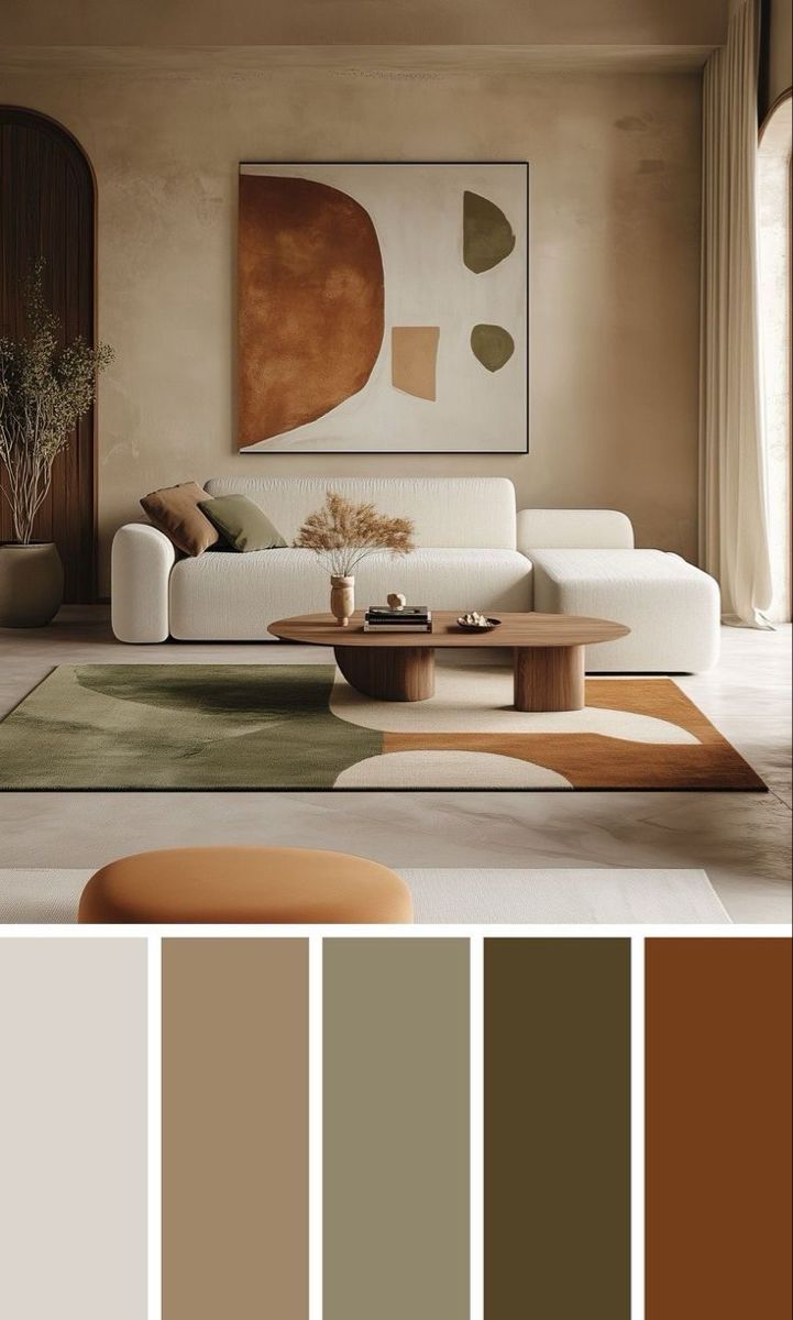 Living com tons de pastel quente mais escuros como o giz, couro, musgo, marrom e terracota